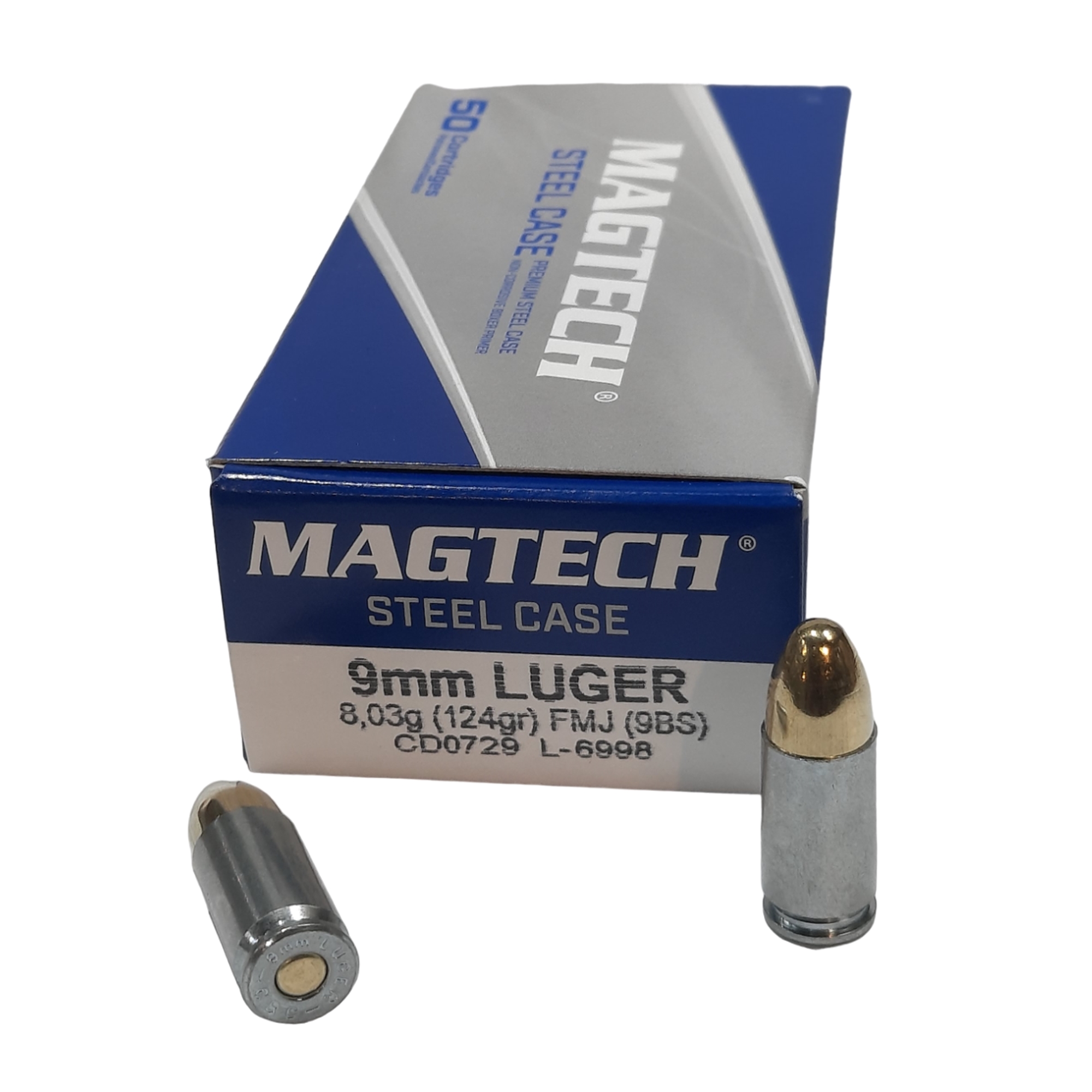 MUNICION MAGTECH CALIBRE 9MM LUGER FMJ 124 GRS LOTE L-50106 PLATEADO