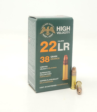 CARTUCHO MARCA GOLDEN EAGLE CALIBRE .22LR. ALTA VELOCIDAD COBRIZADO HP 38 GRS LOTE 1B220324