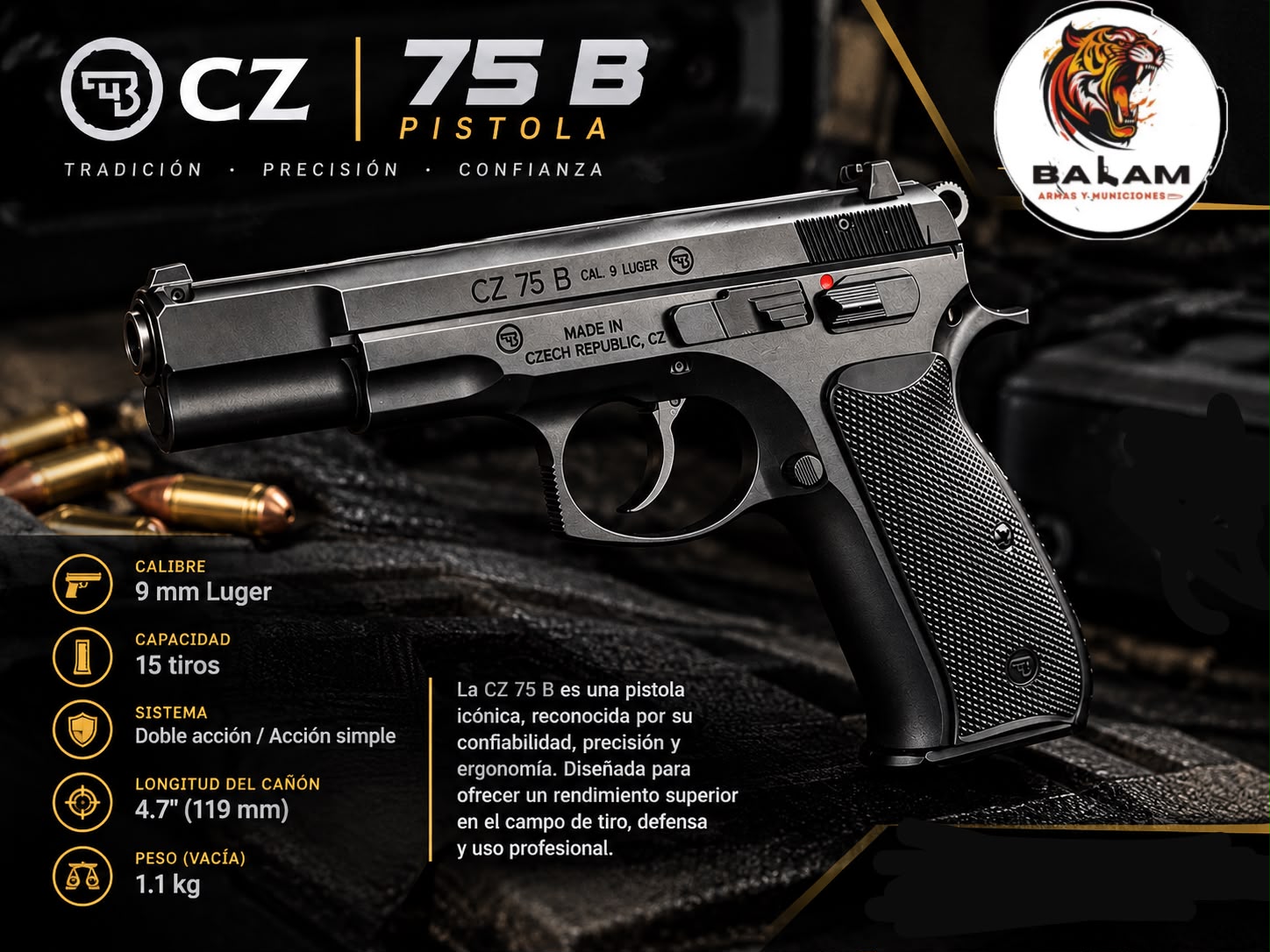 PISTOLA MARCA CZ MODELO 75 B CALIBRE 9 LUGER LARGO DE CAÑON 114MM
